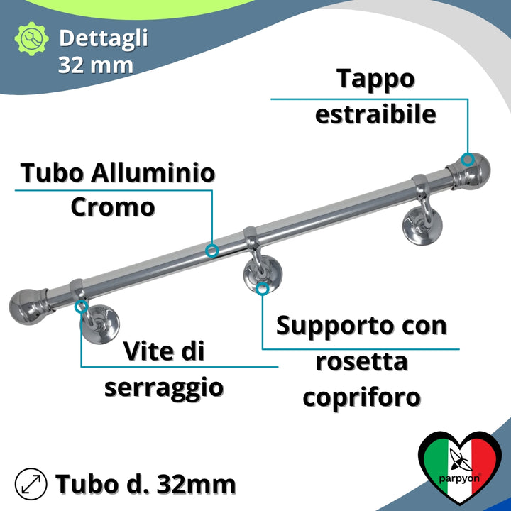 Corrimano a muro in Alluminio colore cromo Passamano con Finale a Palla