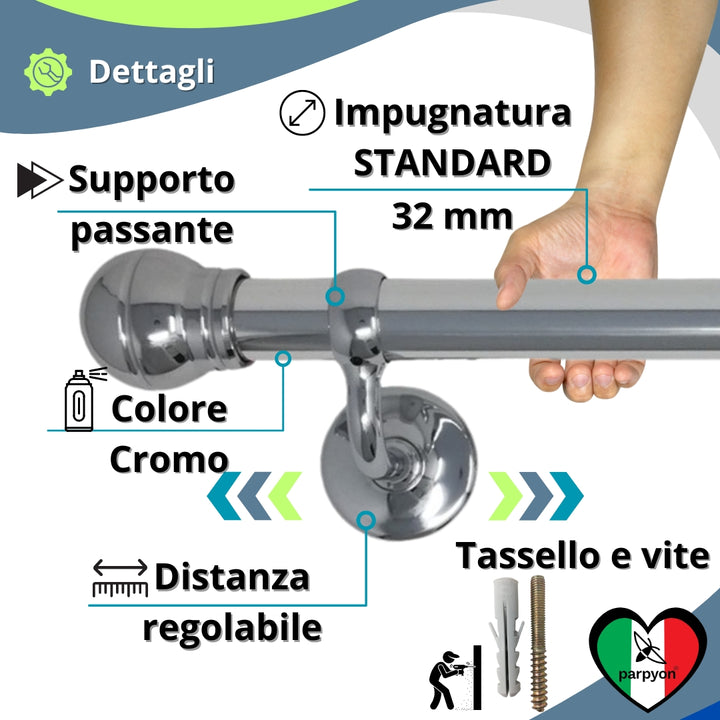 Corrimano a muro in Alluminio colore cromo Passamano con Finale a Palla