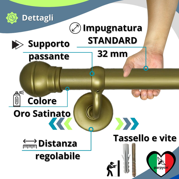 Corrimano a muro in Alluminio colore oro satinato con Finale a Palla