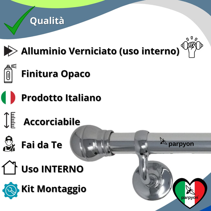 Corrimano a muro in Alluminio colore cromo Passamano con Finale a Palla