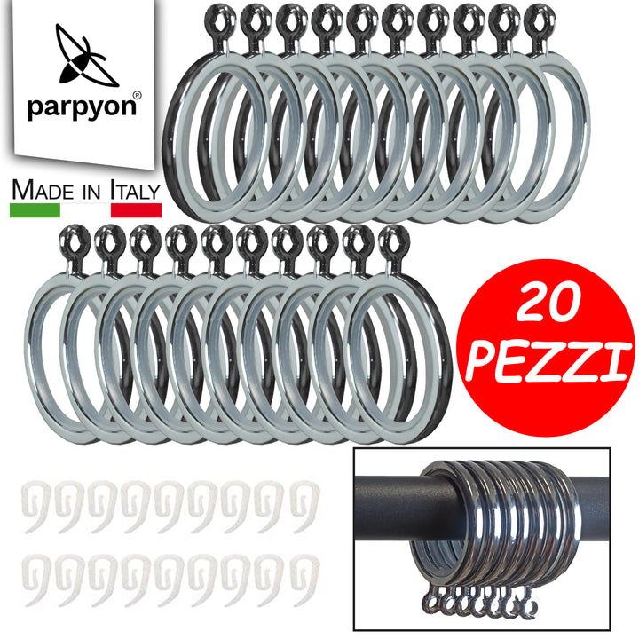 Anelli per bastoni tende da 22mm, n. 20 con Guarnizione Antigraffio d. 33mm