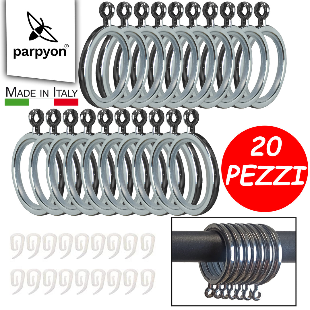 Anelli per bastoni tende da 22mm, n. 20 con Guarnizione Antigraffio d. 33mm