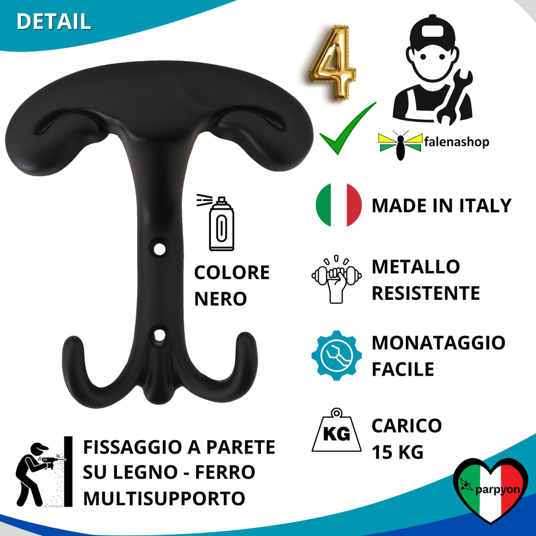 Dettagli appendiabiti a parete, 4 ganci attaccapanni da muro ingresso, appendi accappatoio #colore_nero