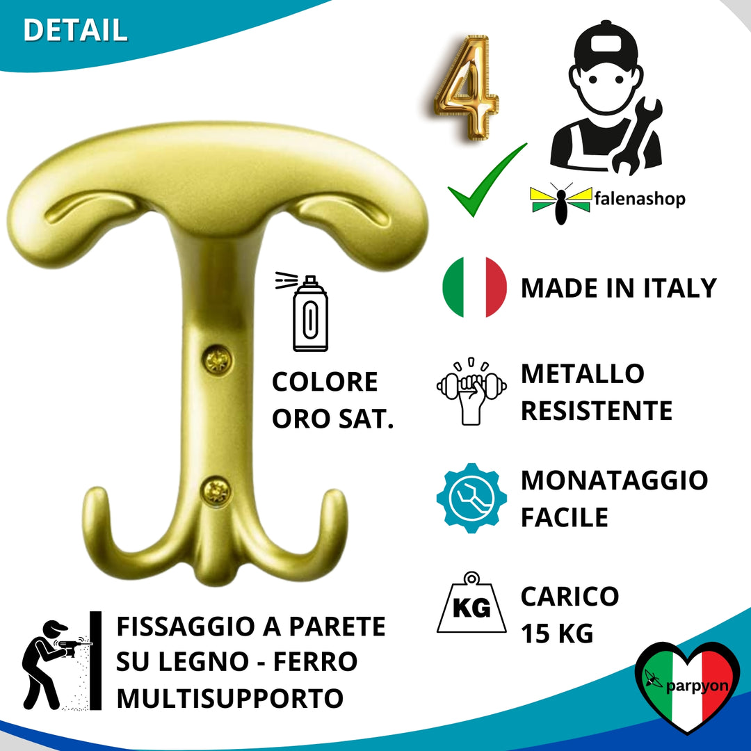 Dettagli appendiabiti a parete, 4 ganci attaccapanni da muro ingresso, appendi accappatoio #colore_oro-satinato