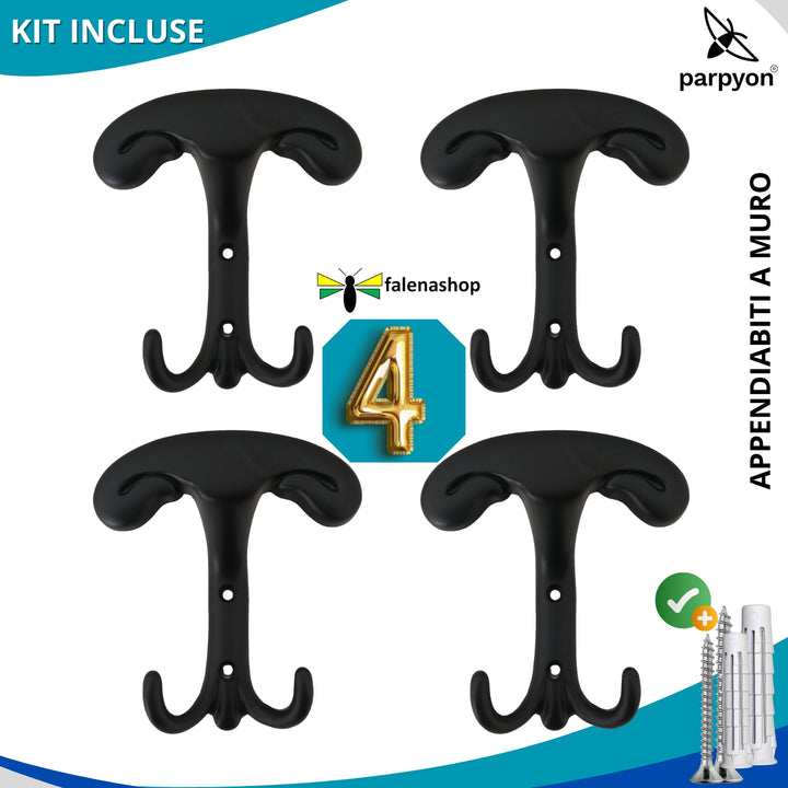 4 Appendiabiti a parete, 4 ganci attaccapanni da muro ingresso, appendi accappatoio #colore_nero