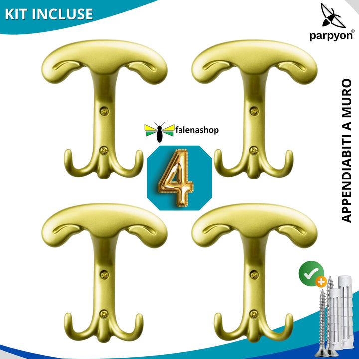 4 Appendiabiti a parete, 4 ganci attaccapanni da muro ingresso, appendi accappatoio #colore_oro-satinato