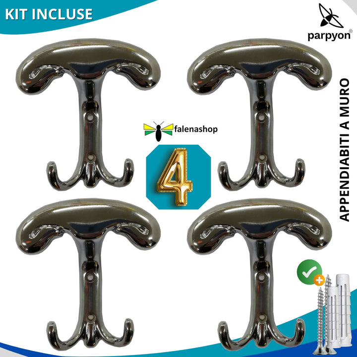 4 Appendiabiti a parete, 4 ganci attaccapanni da muro ingresso, appendi accappatoio #colore_cromo