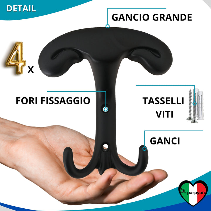Caratteristiche appendiabiti a parete, 4 ganci attaccapanni da muro ingresso, appendi accappatoio #colore_nero