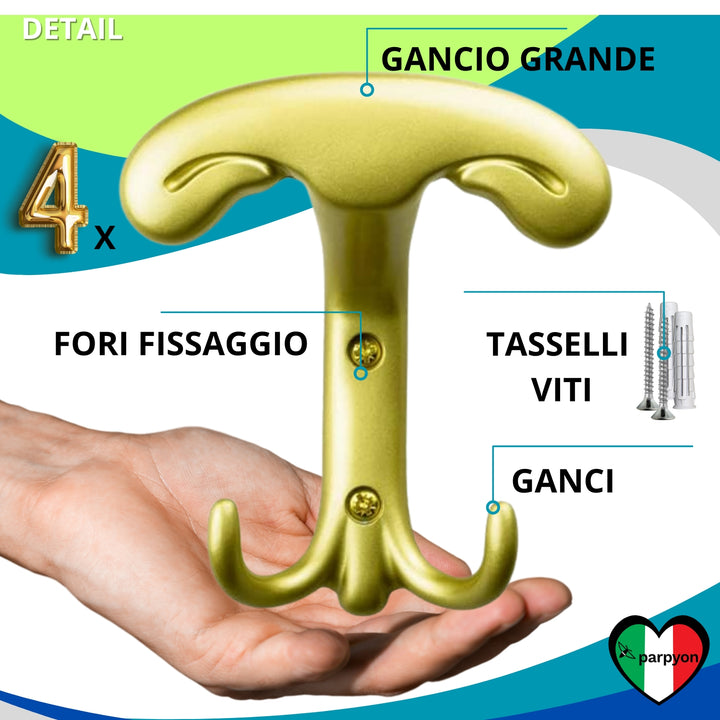 Caratteristiche appendiabiti a parete, 4 ganci attaccapanni da muro ingresso, appendi accappatoio #colore_oro-satinato