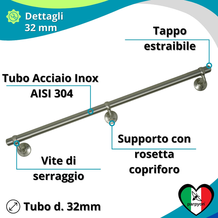 Corrimano a muro in Acciaio Inox D.32mm