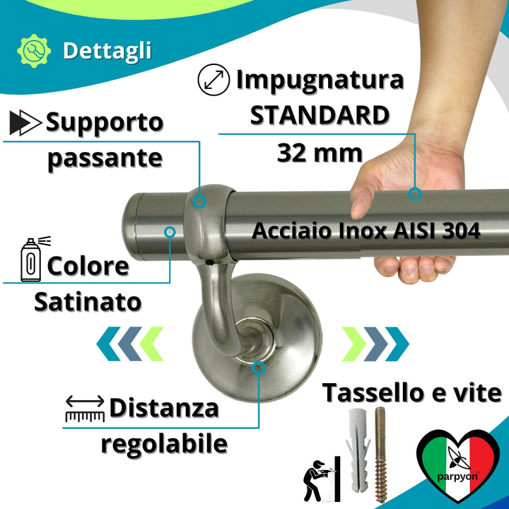 Corrimano a muro in Acciaio Inox D.32mm