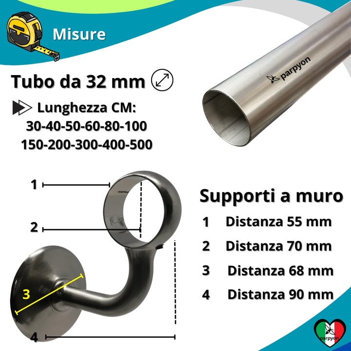 Corrimano a muro in Acciaio Inox D.32mm