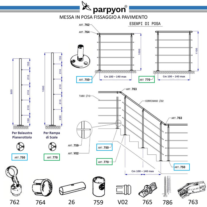 Ringhiera scala in Acciaio Inox da 2 MT-LIGHT Fissaggio Pavimento