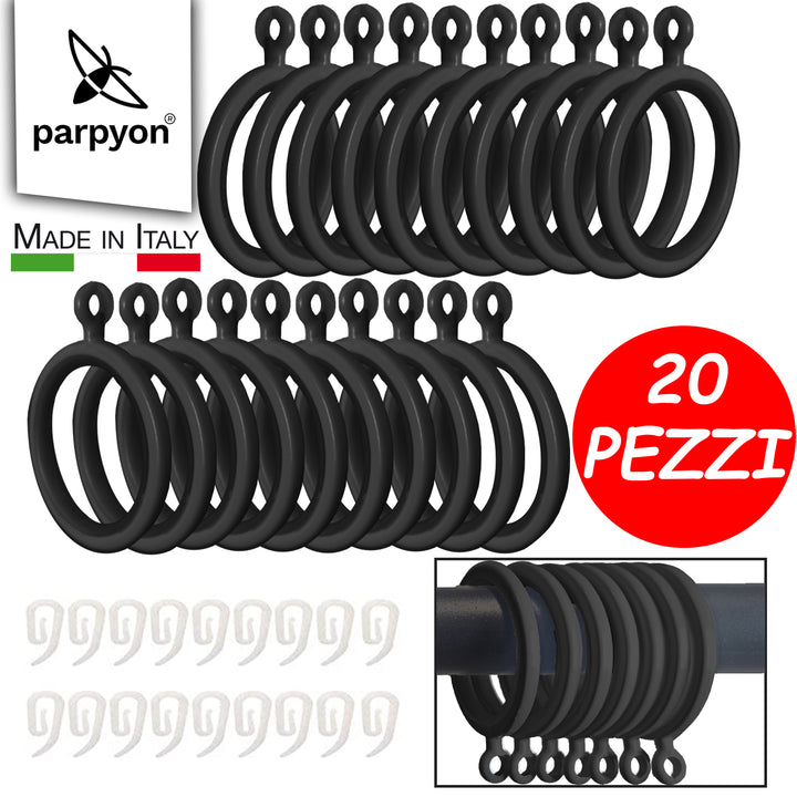 Anelli per bastoni tende da 22mm, n. 20 con Guarnizione Antigraffio d. 33mm