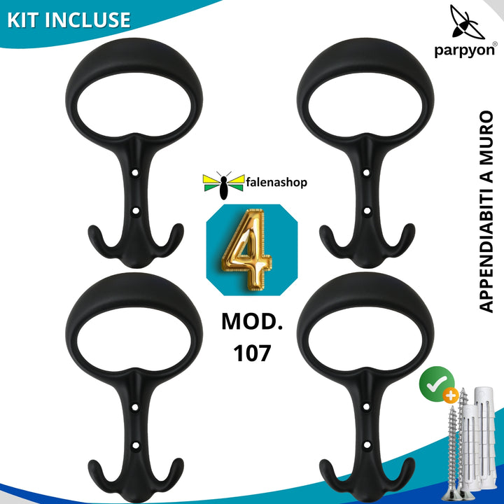4 Appendiabiti a parete, 4 ganci attaccapanni da muro ingresso, appendi accappatoio #colore_nero