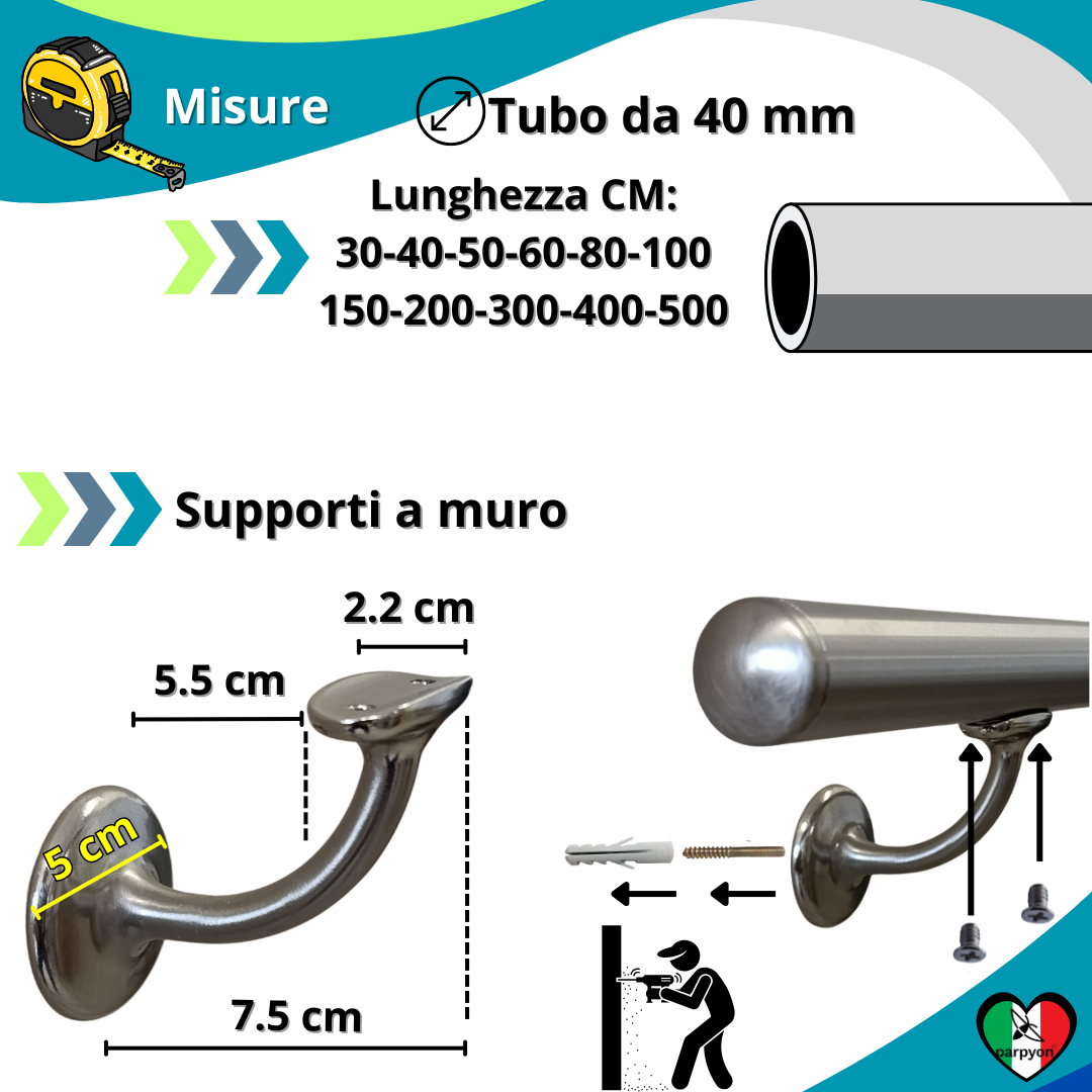 Corrimano a muro in Acciaio Inox D.40mm V42R