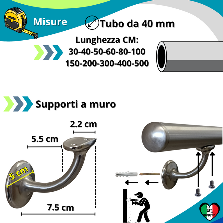 Corrimano a muro in Acciaio Inox D.40mm V42R