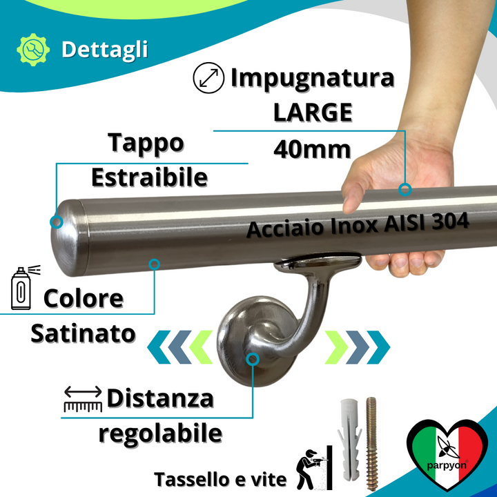 Corrimano a muro in Acciaio Inox D.40mm V42R