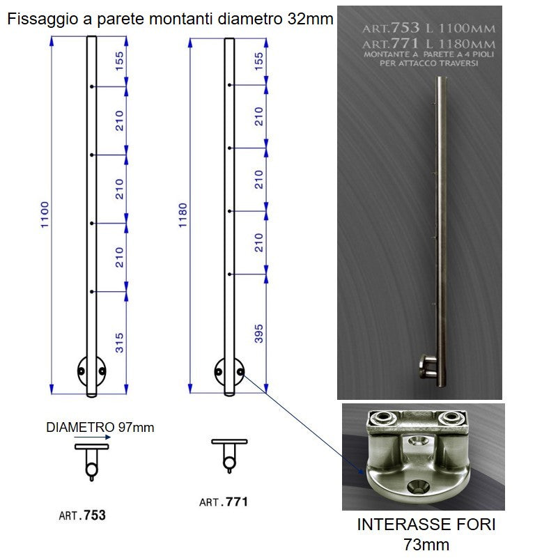 Ringhiera scala in Acciaio Inox da 3,50 MT - Fissaggio Parete