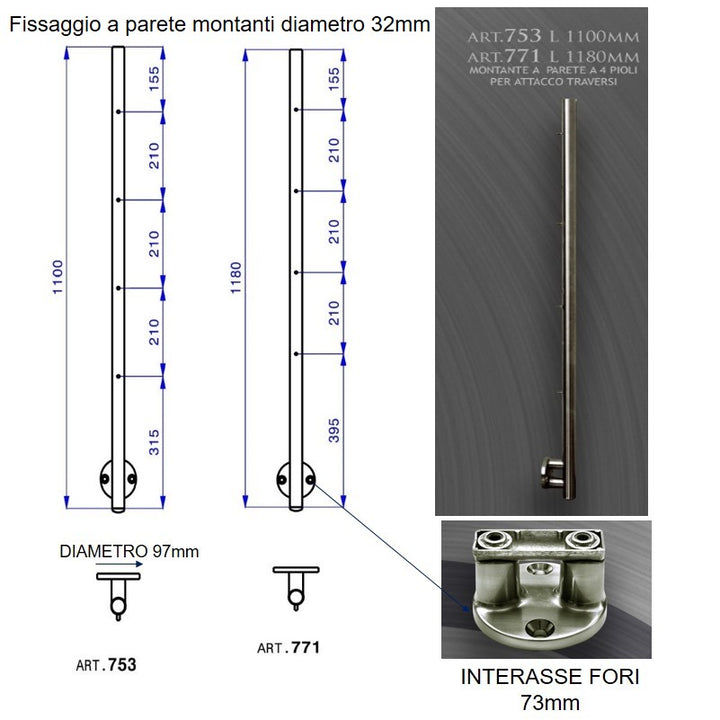 Ringhiera scala in Acciaio Inox da 3,50 MT - Fissaggio Parete